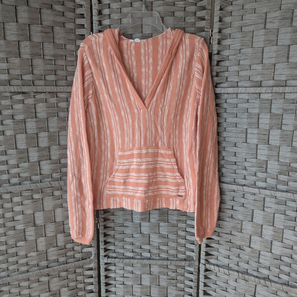 O'Neill Knit Hoodie Peach White Striped V-Neck Pullover Womens Sz L Beachy Boho